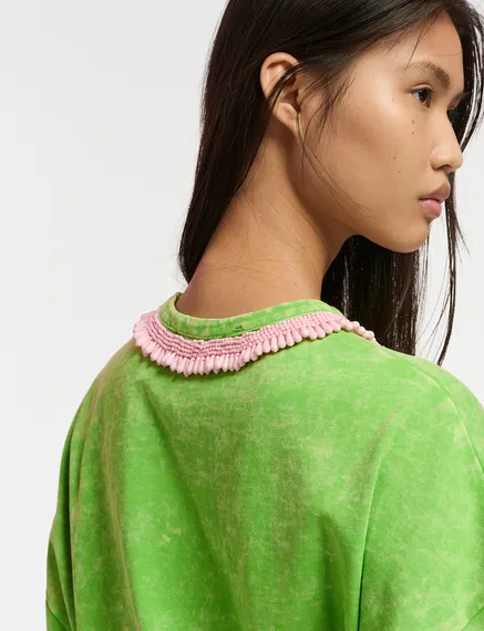 Green cotton T-shirt with bead-embellished neckline