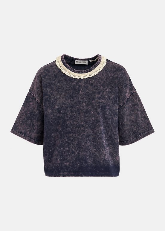 Navy blue cotton T-shirt with bead-embellished neckline