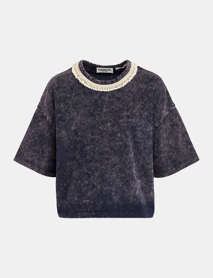 Navy blue cotton T-shirt with bead-embellished neckline