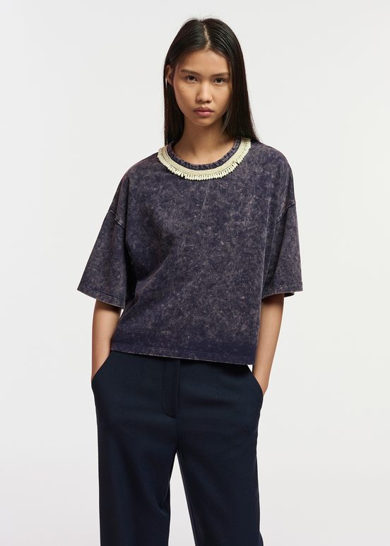 Navy blue cotton T-shirt with bead-embellished neckline