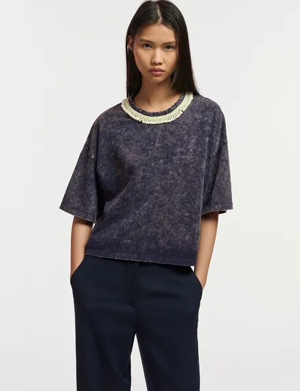 Navy blue cotton T-shirt with bead-embellished neckline