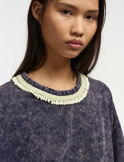 Navy blue cotton T-shirt with bead-embellished neckline