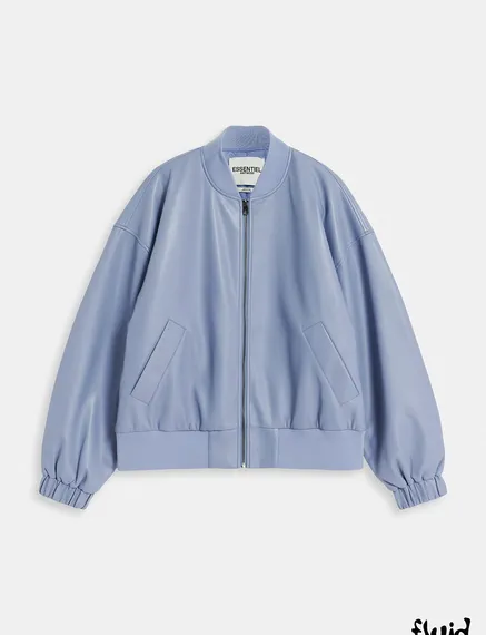 Powder blue faux leather bomber jacket