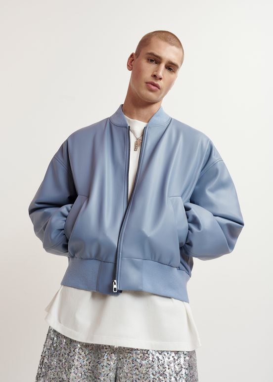 Powder blue faux leather bomber jacket