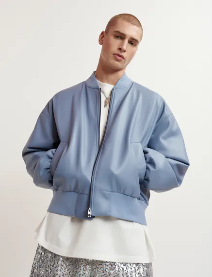 Powder blue faux leather bomber jacket