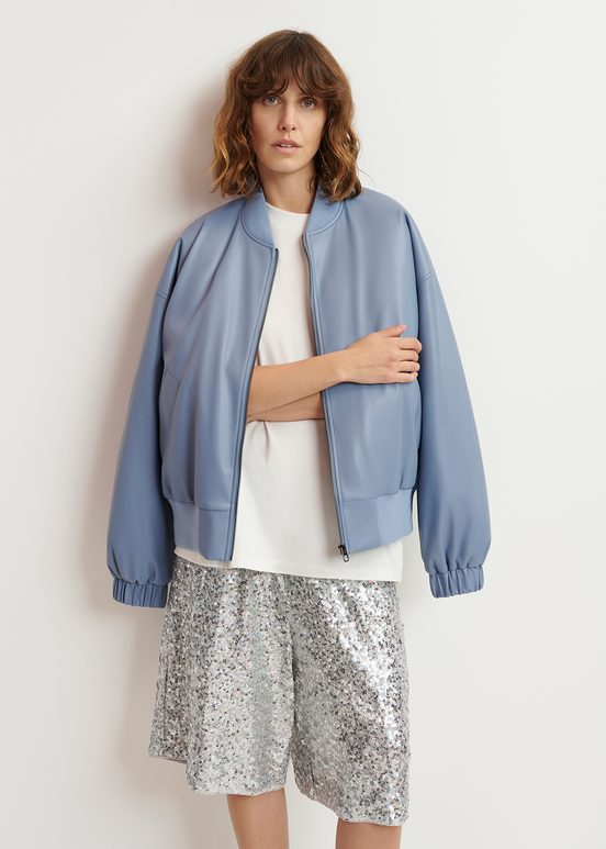 Powder blue faux leather bomber jacket