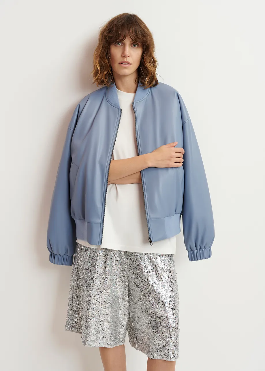 Powder blue faux leather bomber jacket