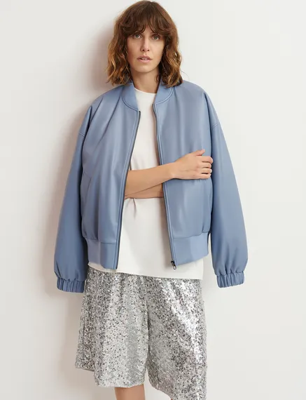 Powder blue faux leather bomber jacket