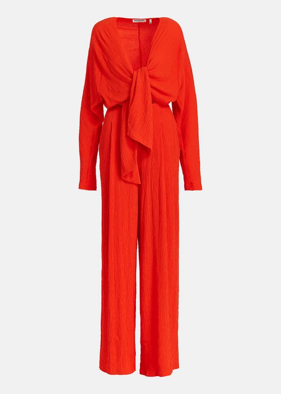 Red seersucker jumpsuit with tied front