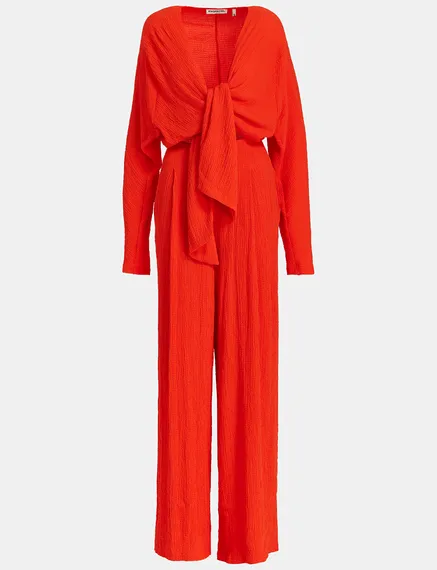 Red seersucker jumpsuit with tied front