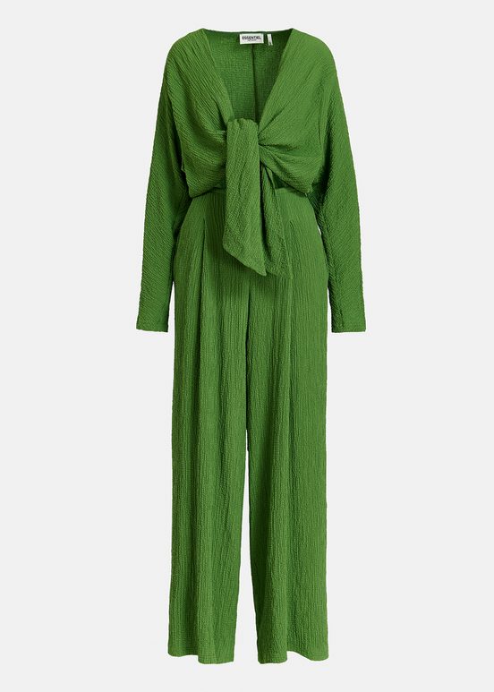 Dark green seersucker jumpsuit with tied front