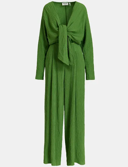 Donkergroene jumpsuit in cloqué met geknoopte voorkant