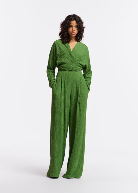 Dark green seersucker jumpsuit with tied front