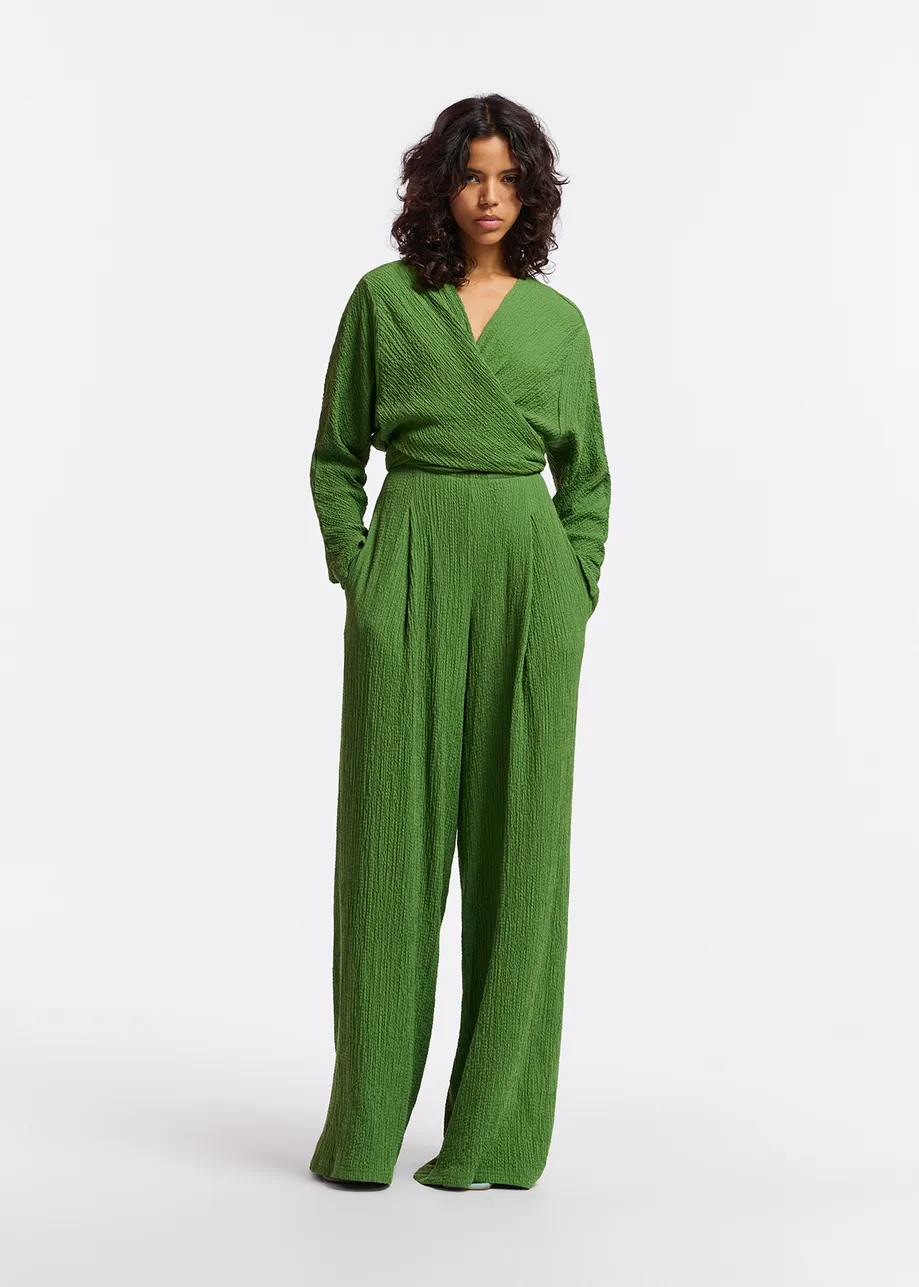 Dark green seersucker jumpsuit with tied front