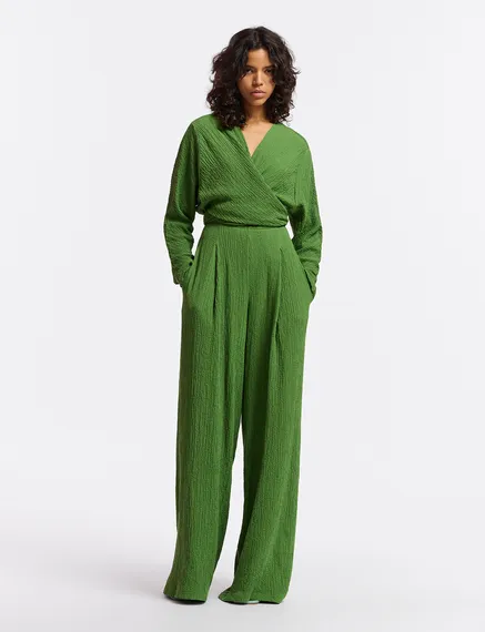 Dark green seersucker jumpsuit with tied front