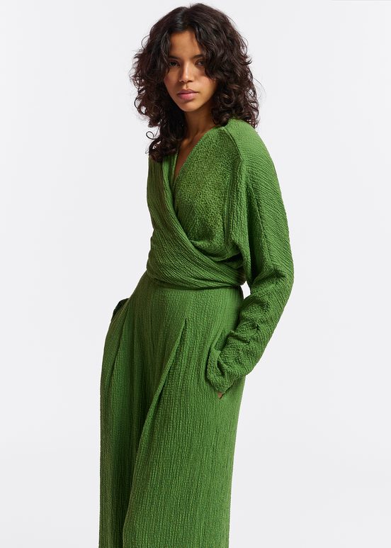 Dark green seersucker jumpsuit with tied front