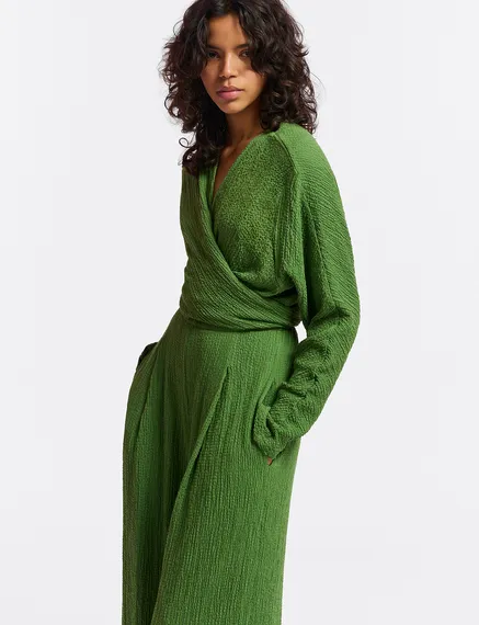 Dark green seersucker jumpsuit with tied front