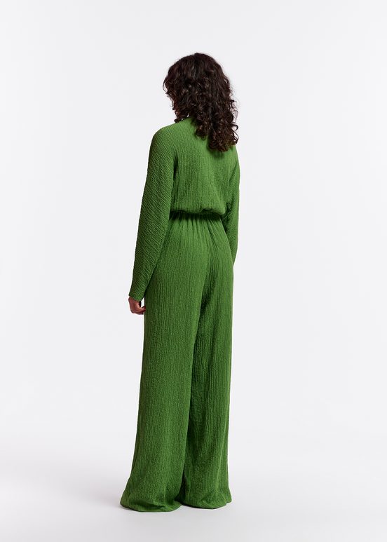 Dark green seersucker jumpsuit with tied front