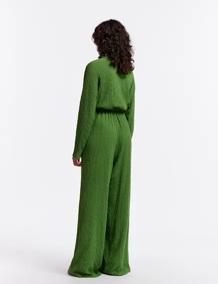 Dark green seersucker jumpsuit with tied front