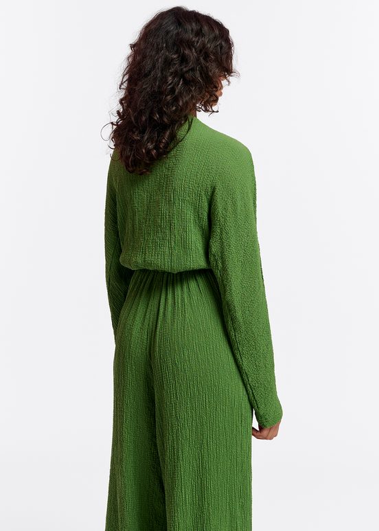 Dark green seersucker jumpsuit with tied front