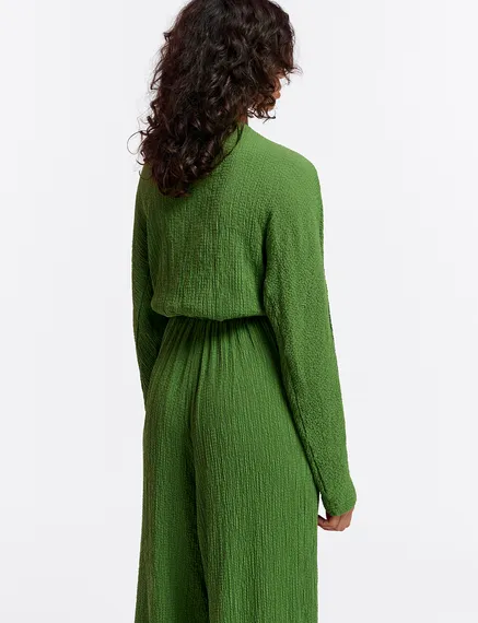 Dark green seersucker jumpsuit with tied front