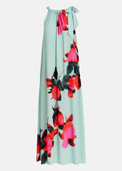 Robe maxi bleu clair fleurie à encolure américaine