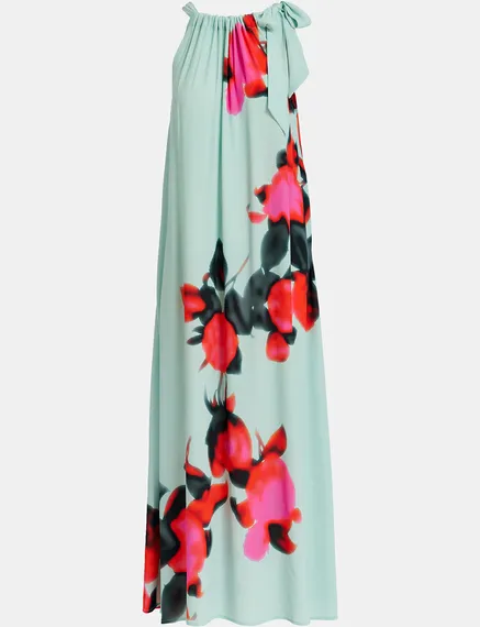 Light blue halter neck maxi-length dress with floral print