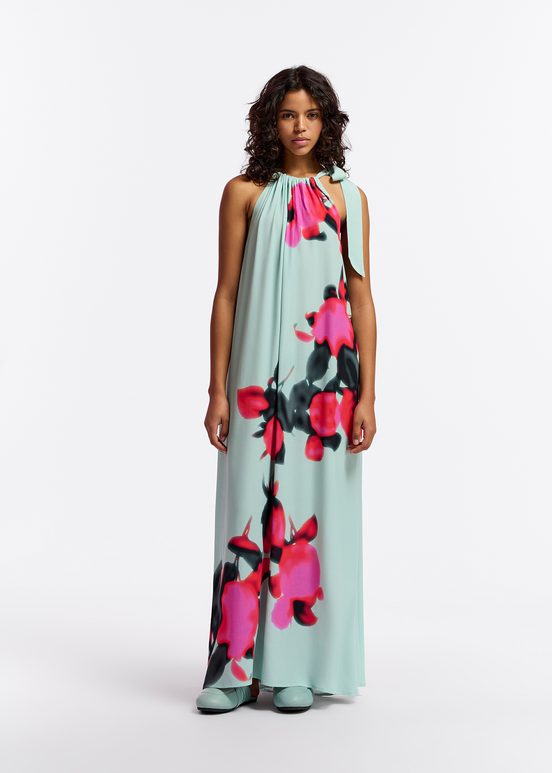 Light blue halter neck maxi-length dress with floral print