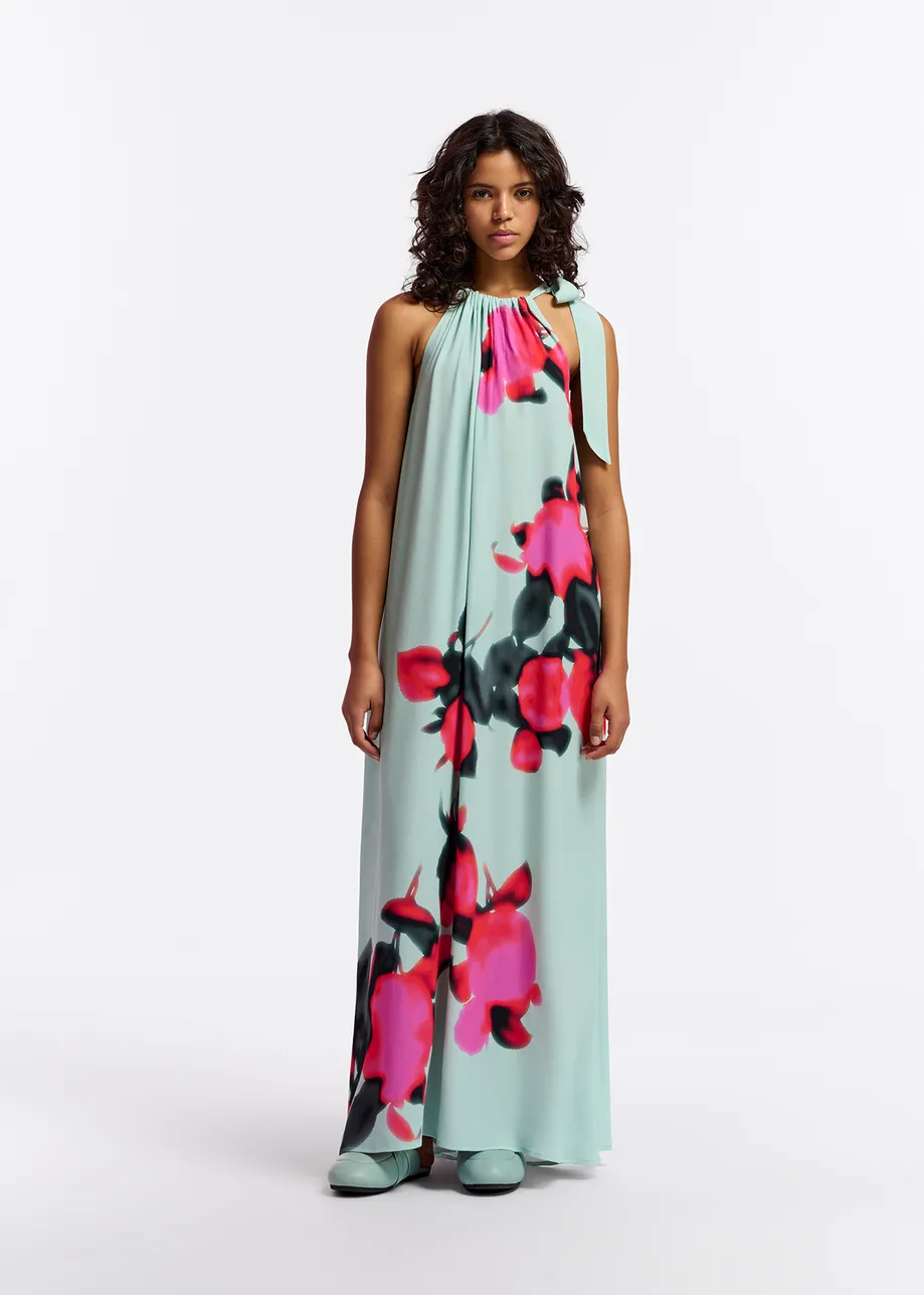 Light blue halter neck maxi-length dress with floral print