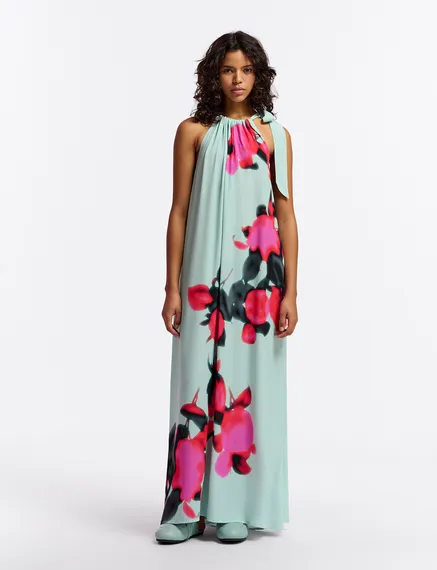 Light blue halter neck maxi-length dress with floral print