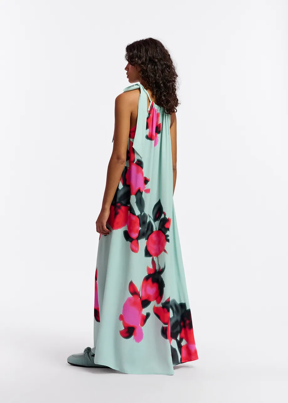 Light blue halter neck maxi-length dress with floral print