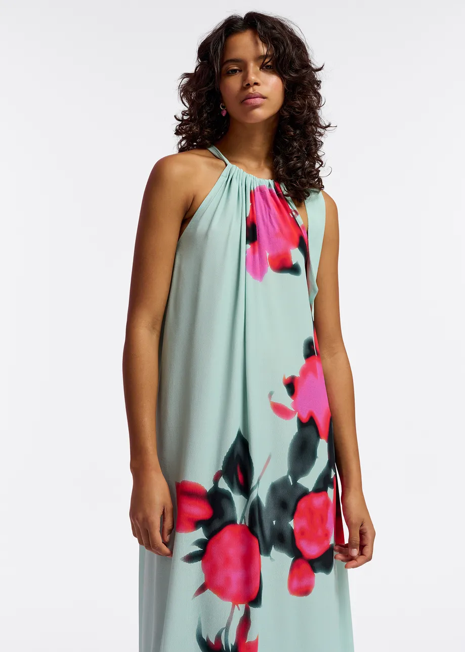 Light blue halter neck maxi-length dress with floral print