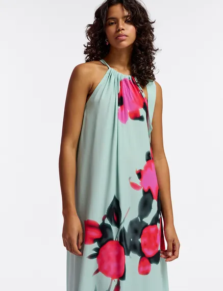 Light blue halter neck maxi-length dress with floral print