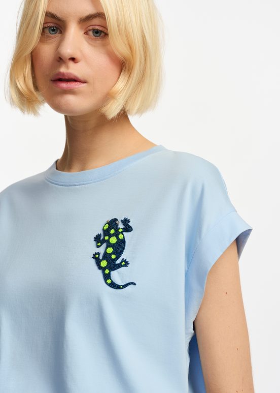 T-shirt en coton bio bleu clair à broderie 