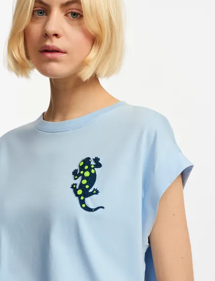 Light blue organic cotton T-shirt with embroidery 