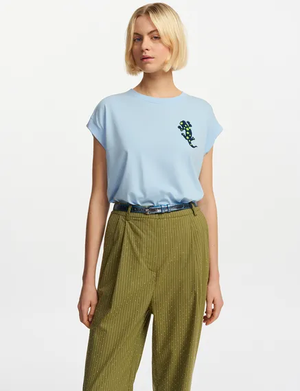 Light blue organic cotton T-shirt with embroidery 