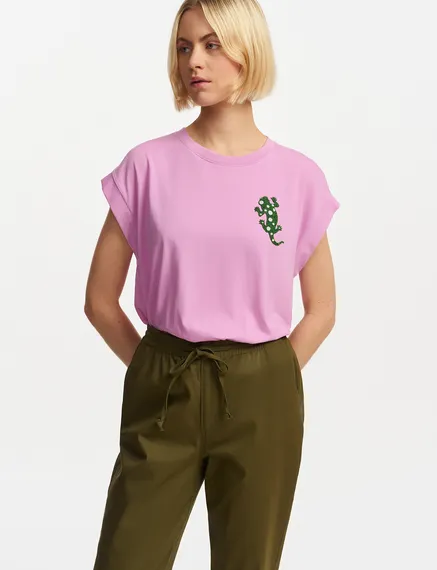 Lilac organic cotton T-shirt with embroidery 