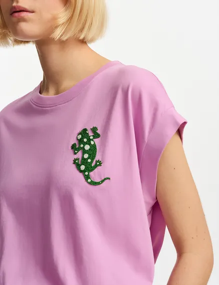 Lilac organic cotton T-shirt with embroidery 