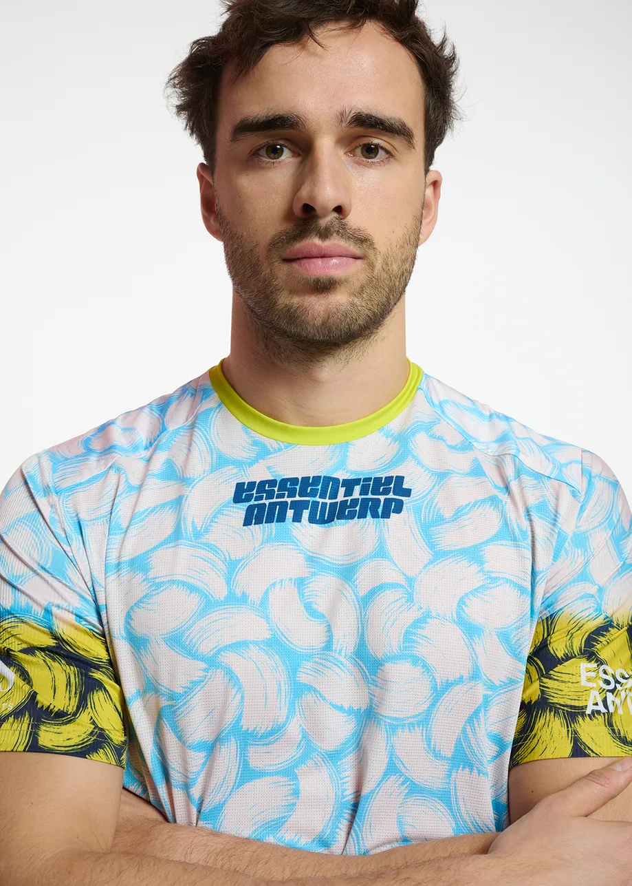 Blauw loopshirt voor mannen met abstracte print - samenwerking met Power of Sports