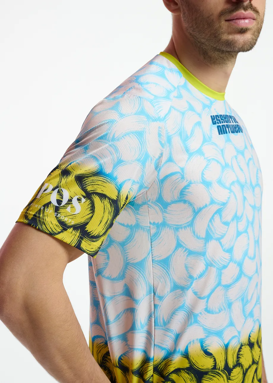 Blauw loopshirt voor mannen met abstracte print - samenwerking met Power of Sports