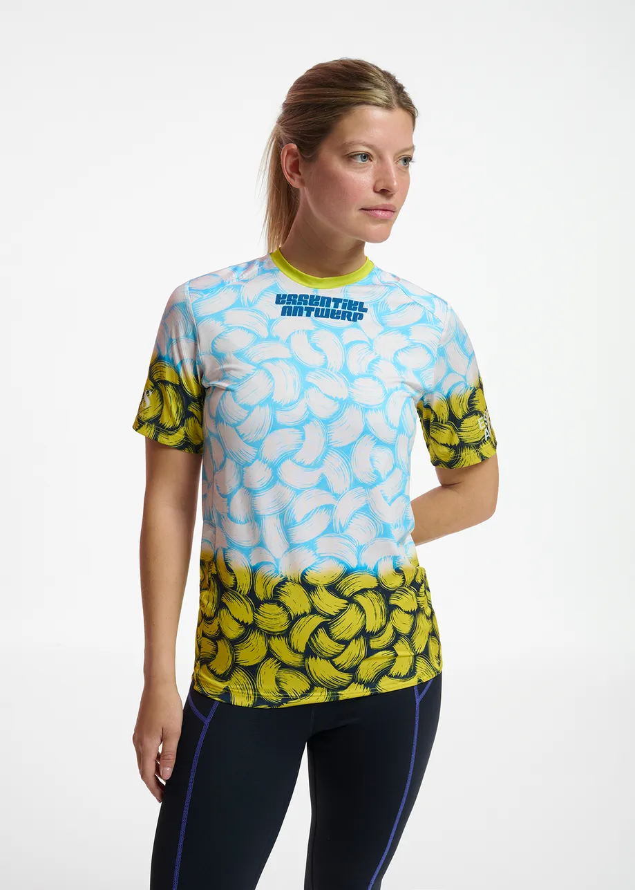 T-shirt de course bleu à imprimé abstrait pour femmes - collaboration avec Power of Sports