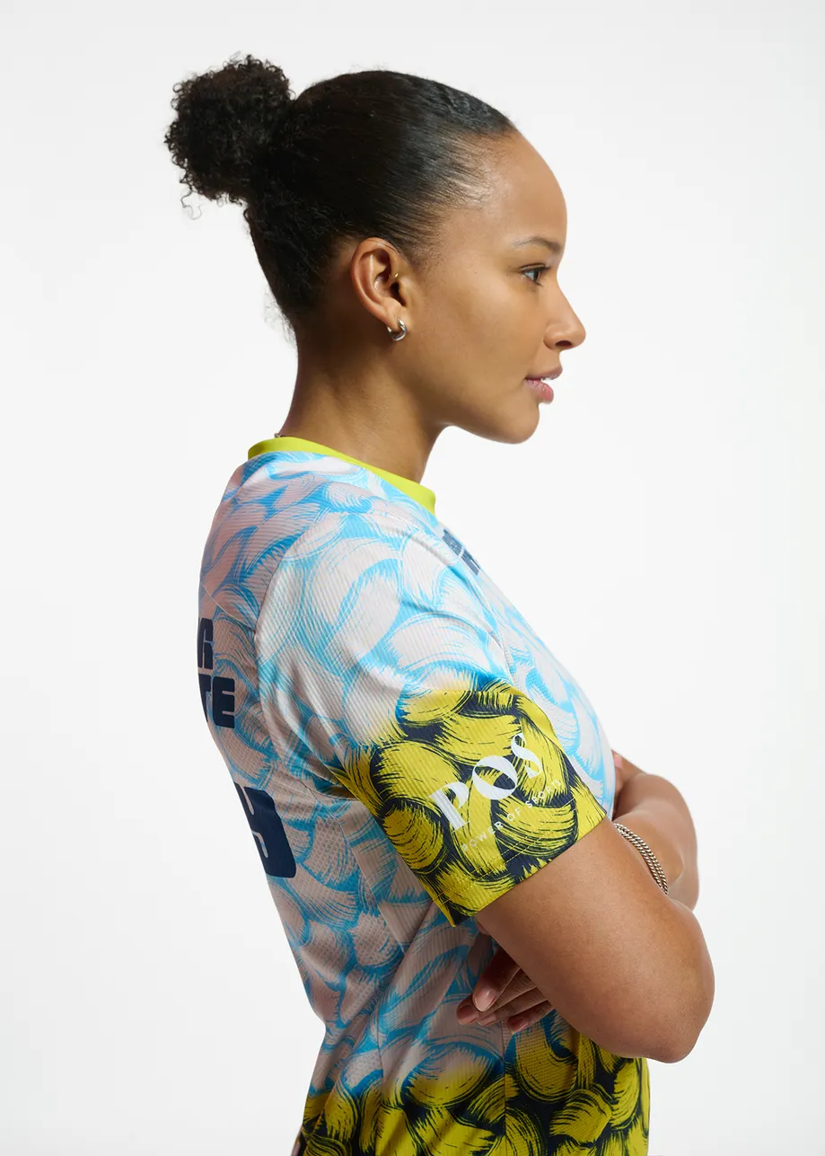 Blauw loopshirt voor vrouwen met abstracte print - samenwerking met Power of Sports