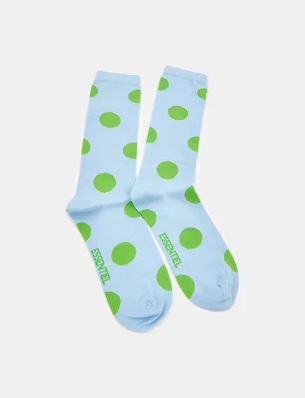 Light blue and green polka-dotted socks