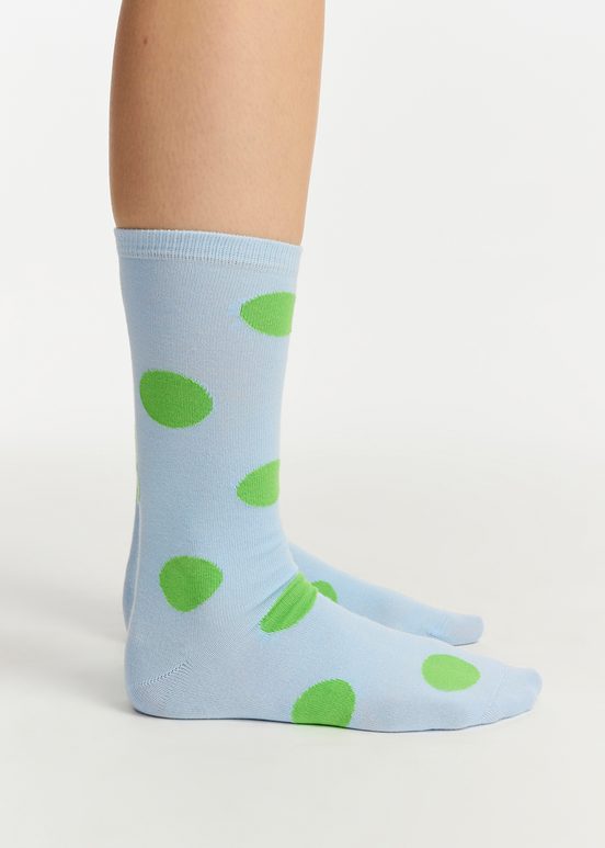 Light blue and green polka-dotted socks