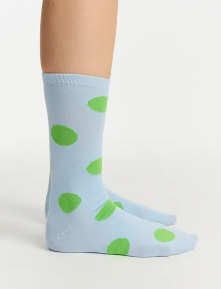 Light blue and green polka-dotted socks