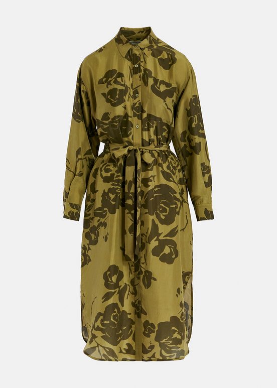 Khaki silk knee-length shirt dress with floral print