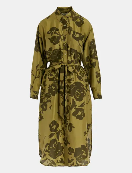 Khaki silk knee-length shirt dress with floral print