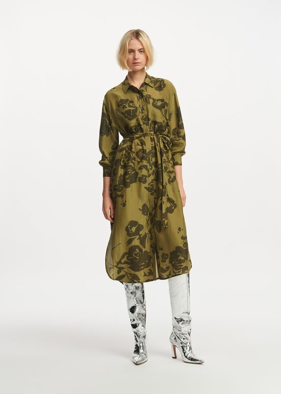 Khaki silk knee-length shirt dress with floral print