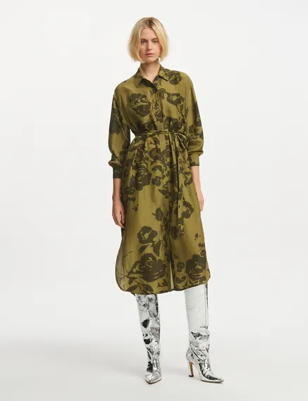 Khaki silk knee-length shirt dress with floral print