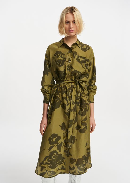 Khaki silk knee-length shirt dress with floral print